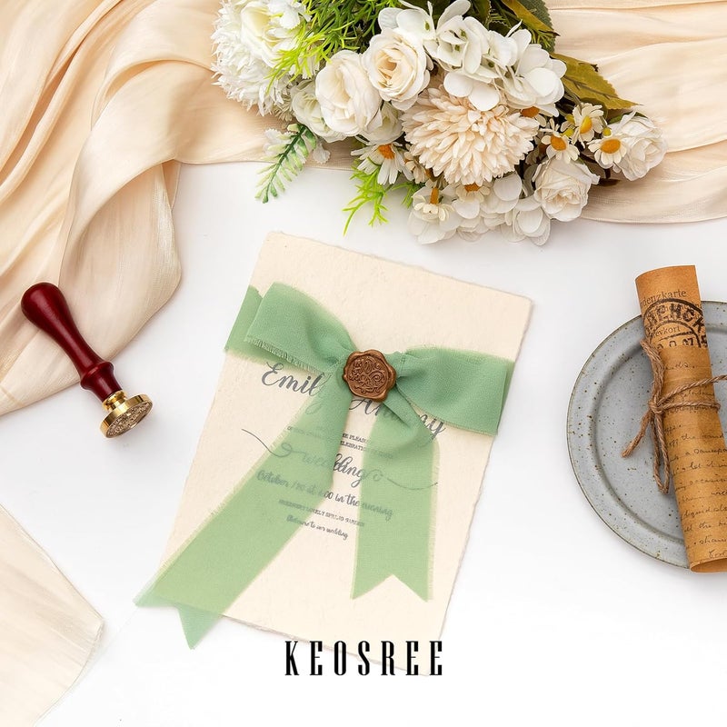 KEOSREE 3 Rolls Cream White & Sage Green Handmade Chiffon Ribbon,1.5" x 21Yd Frayed Fringe Silk Ribbons (3 Rolls *7Yd) for Gifts Wrapping, Wedding Invitations, Bridal Bouquets, Decorations - Image 5